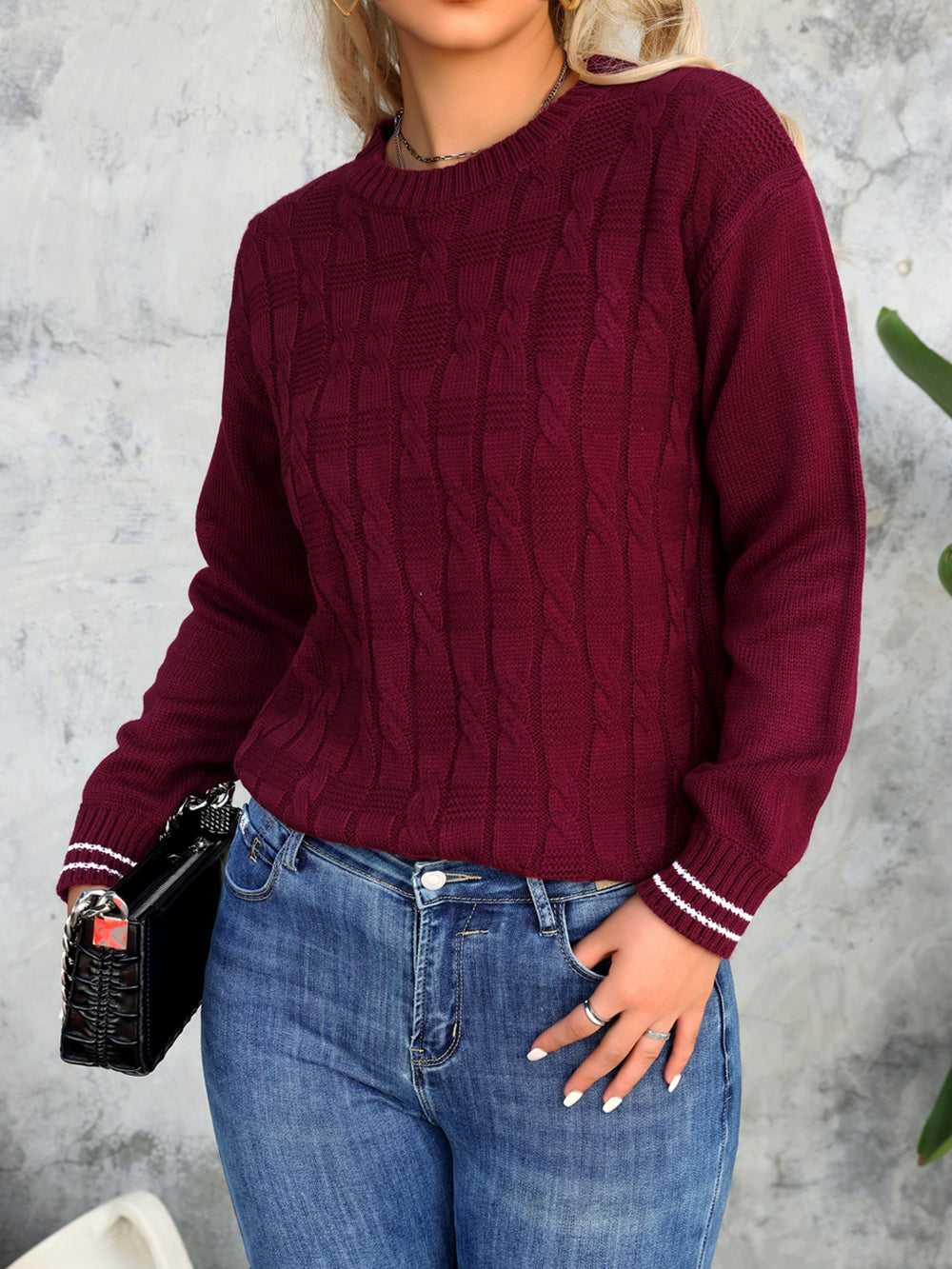 Women Cable Knit Self Design Pullover