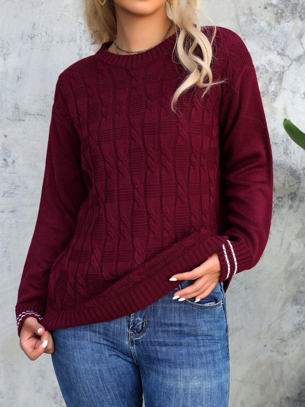Women Cable Knit Self Design Pullover