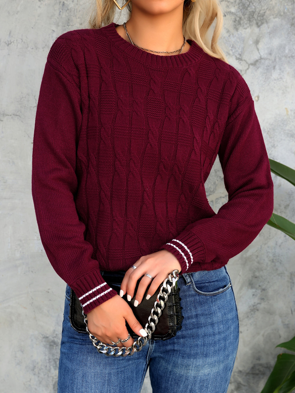 Women Cable Knit Self Design Pullover