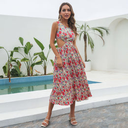 Pink Floral A-Line Midi Dress