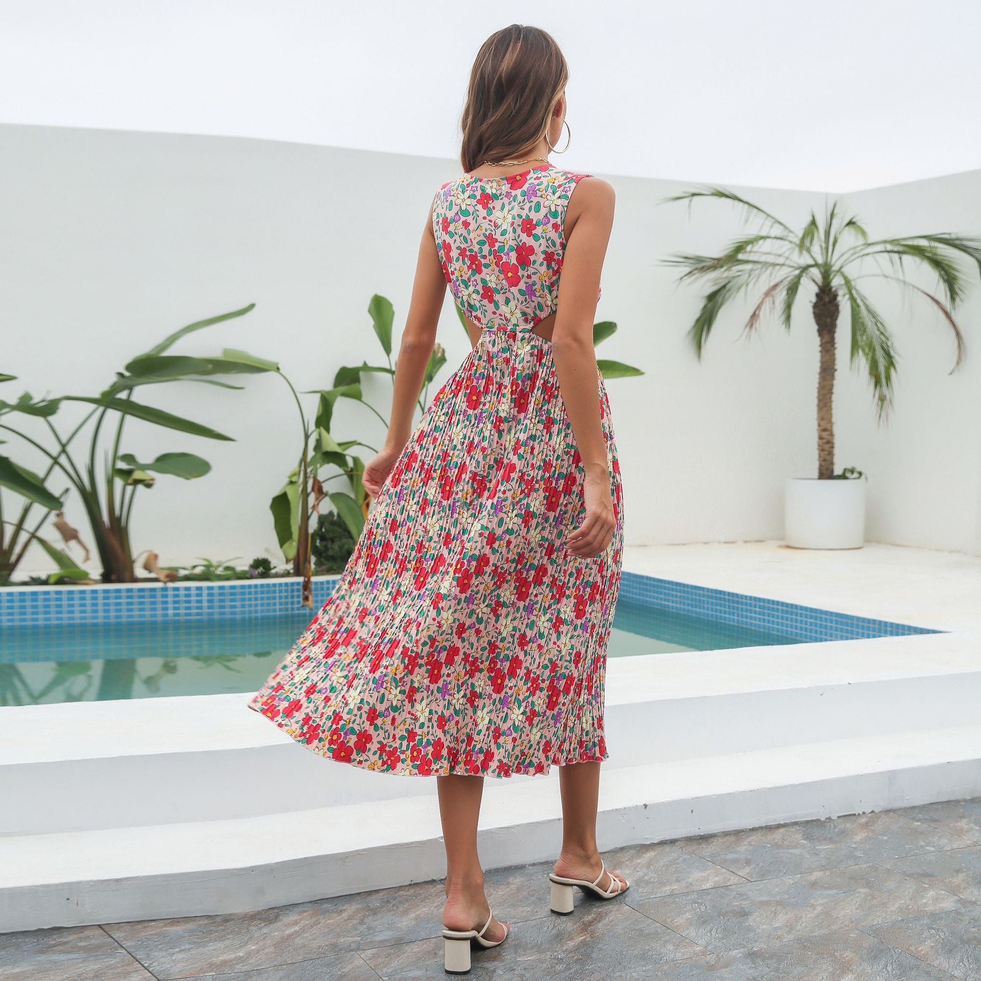 Pink Floral A-Line Midi Dress