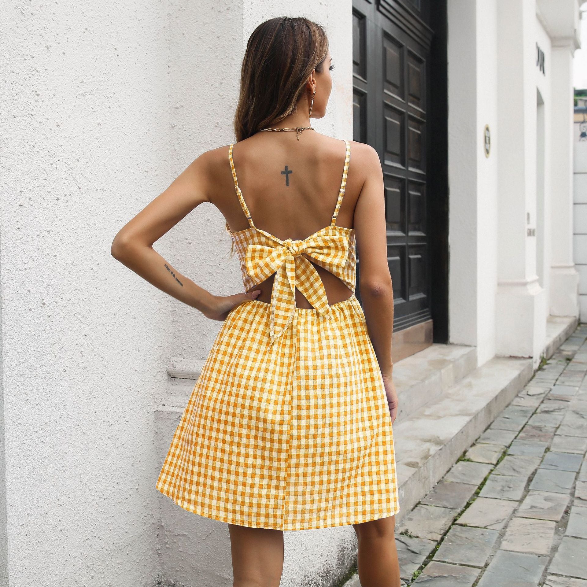 Checked Printed Shoulder Straps Cut-Outs Details Fit & Flare Dress