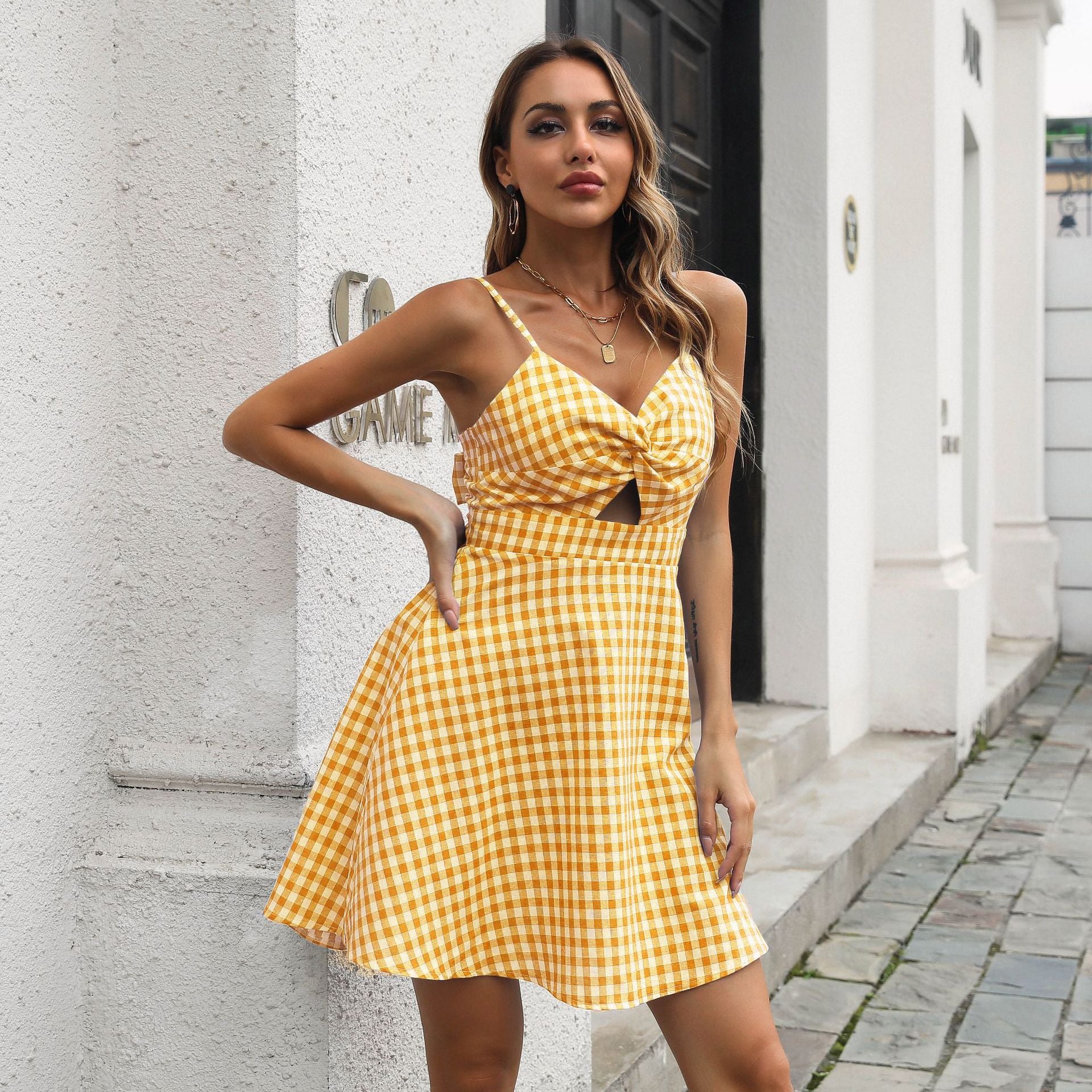 Checked Printed Shoulder Straps Cut-Outs Details Fit & Flare Dress