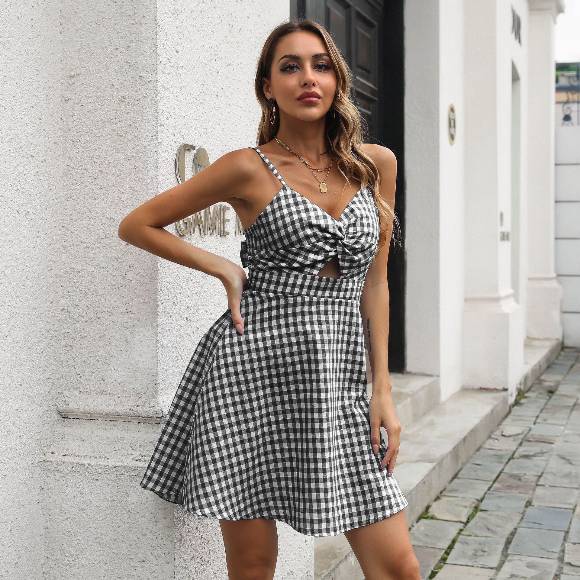 Black Checked Shoulder Straps Empire Dress