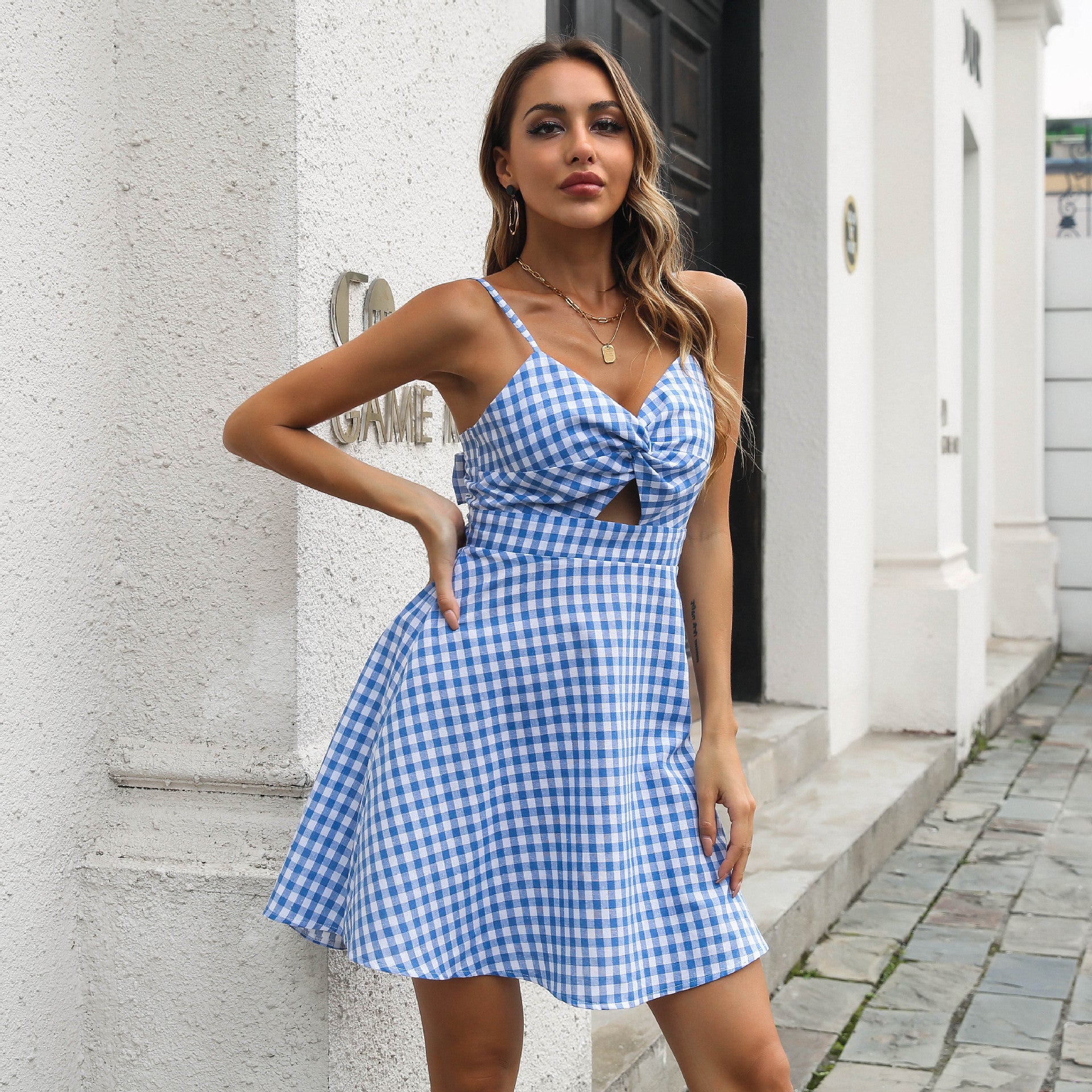 Shoulder Straps Checked Fit & Flare Dress