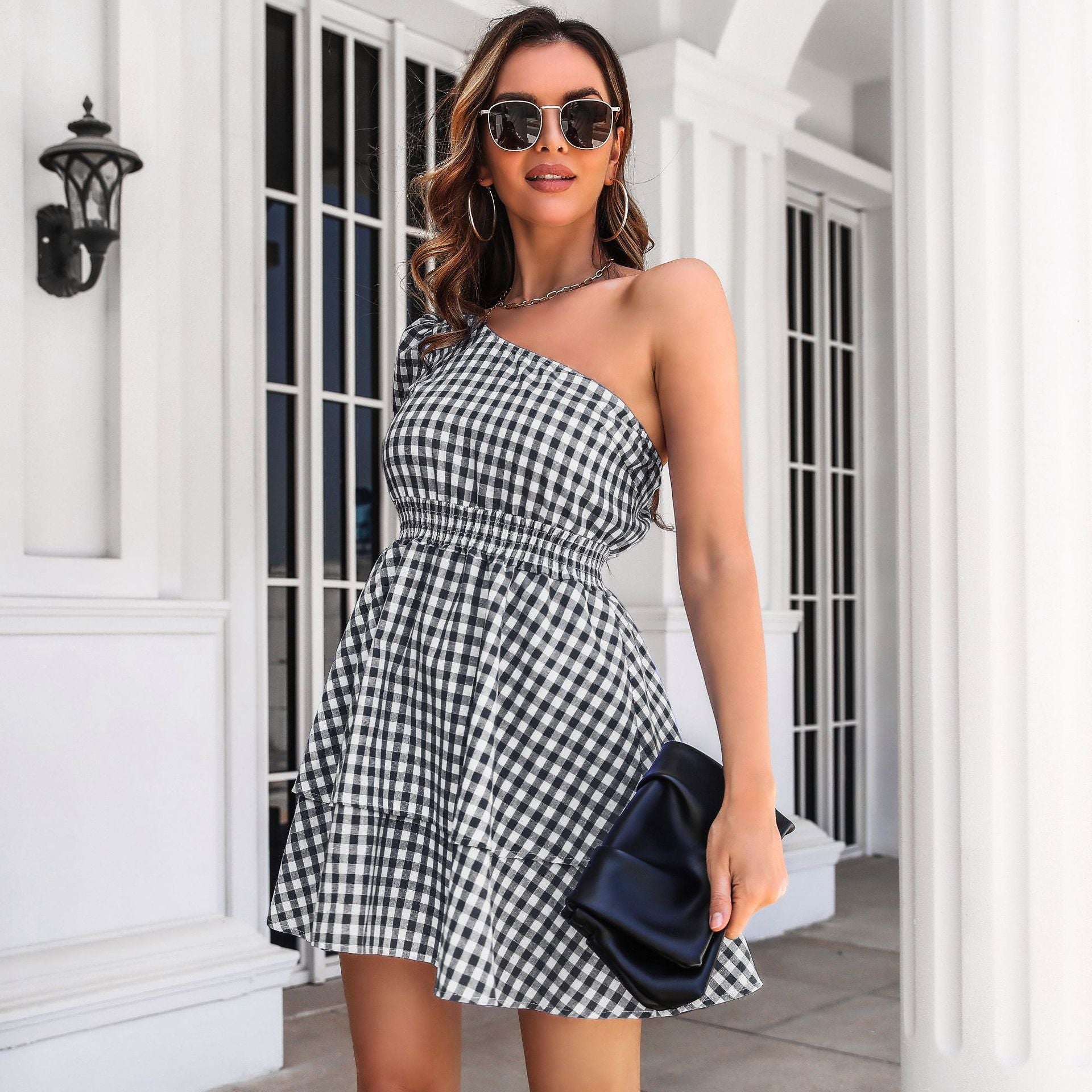 Black Checked One Shoulder Dress