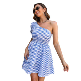 Blue & White Checked One Shoulder Dress