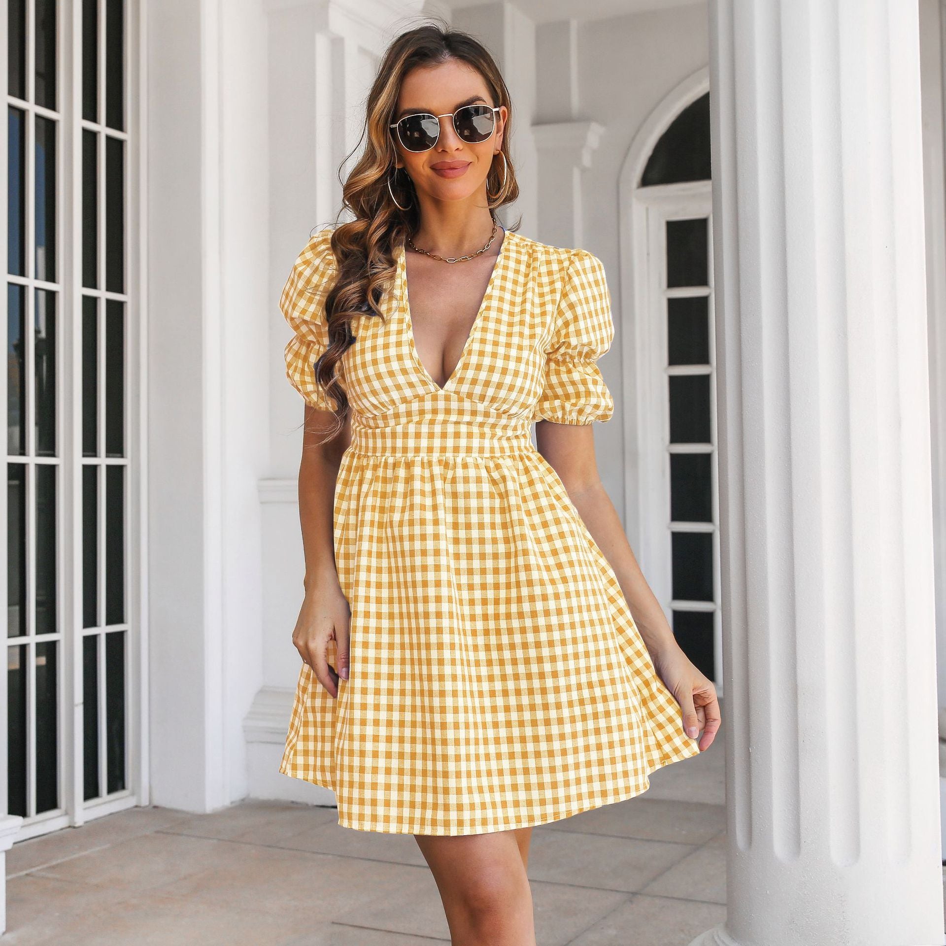 Yellow Checked Mini Dress