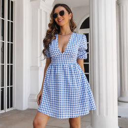 Checked Puff Sleeve Fit & Flare Dress