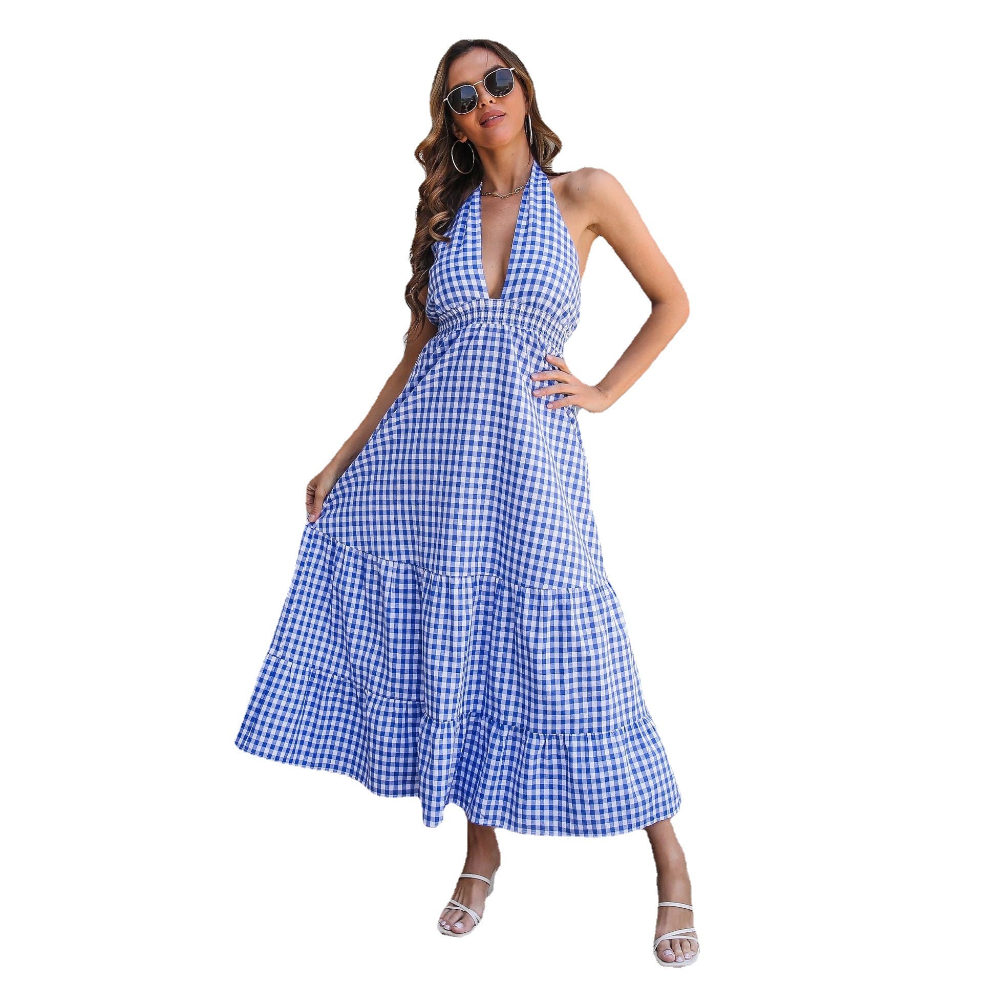 Navy Blue & White Checked Maxi Dress