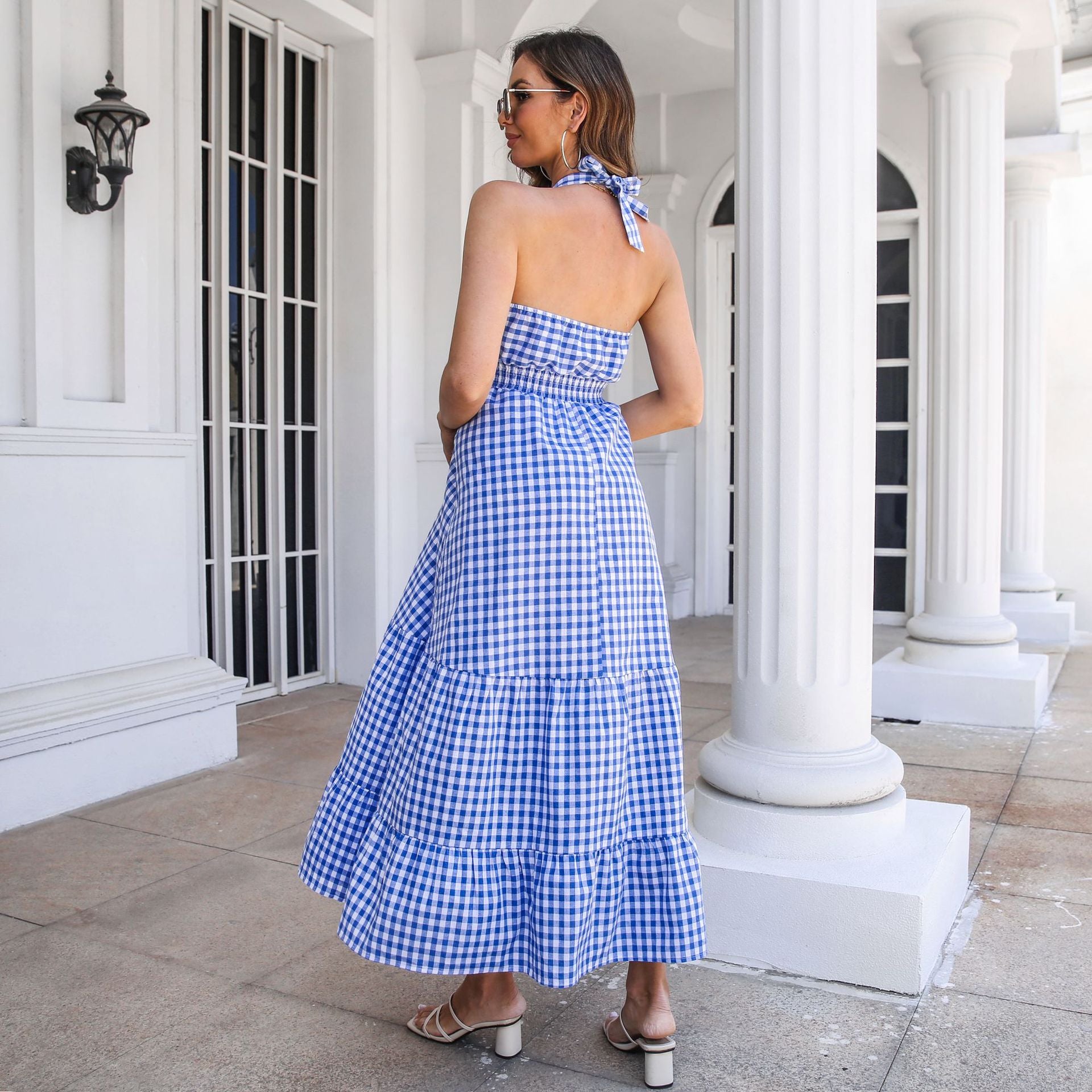 Navy Blue & White Checked Maxi Dress