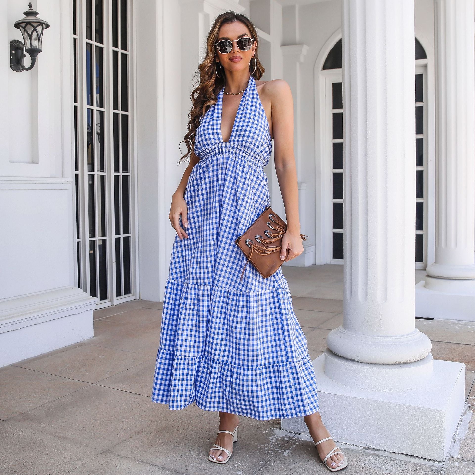 Navy Blue & White Checked Maxi Dress
