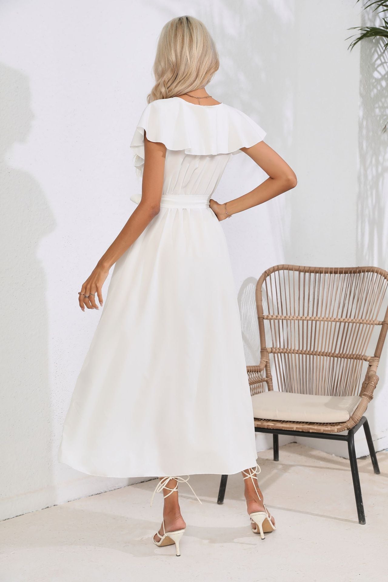 White V-Neck Flutter Sleeve Side Slit Wrap Dress