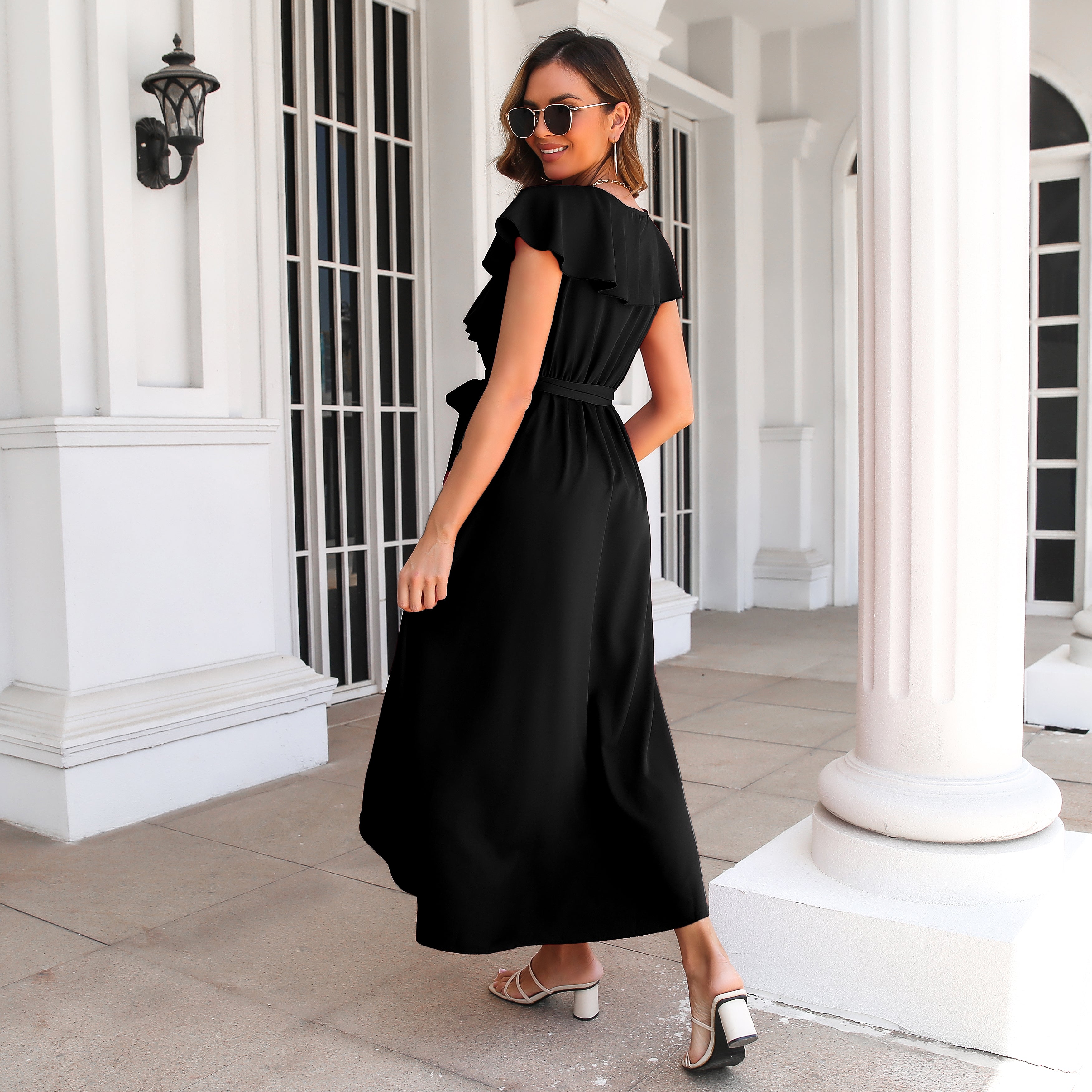 Black Solid Party Midi Dress