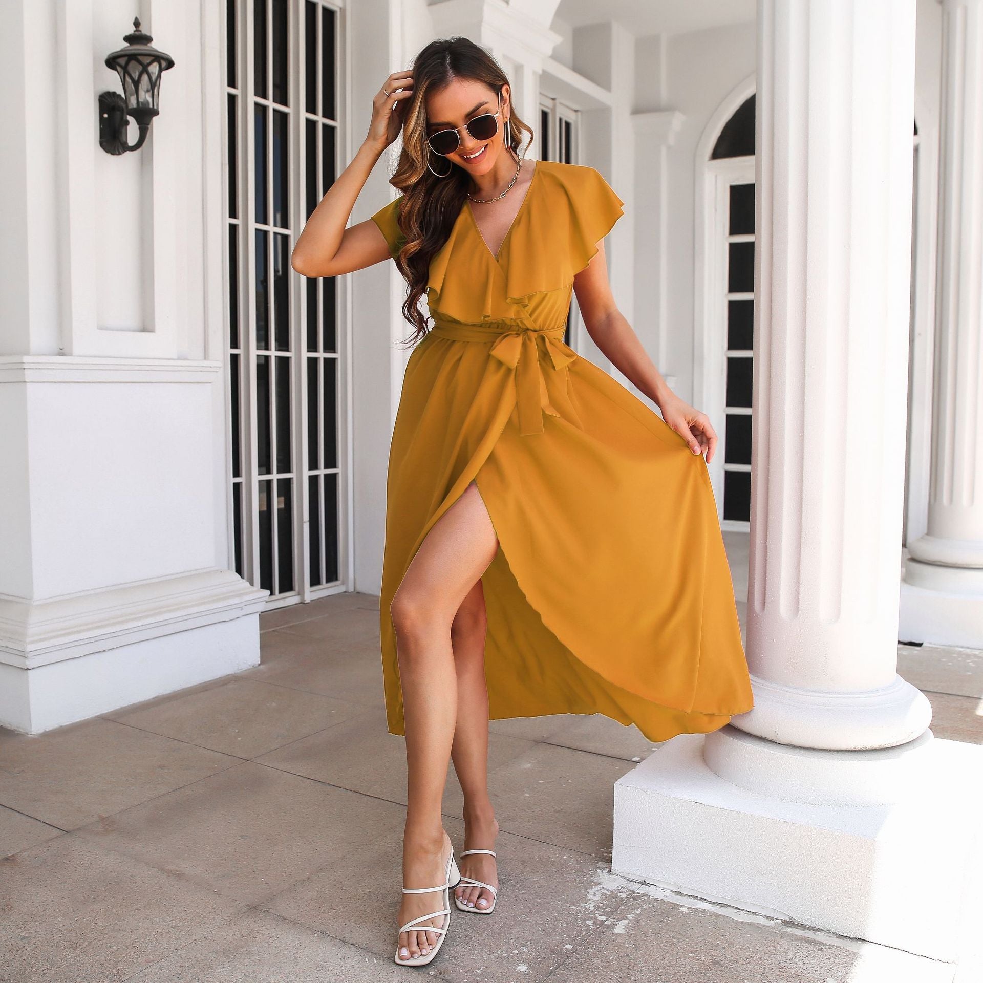 Women Yellow Wrap Dress