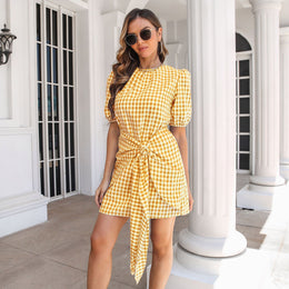 Yellow Checked Tie-up A-Line Dress