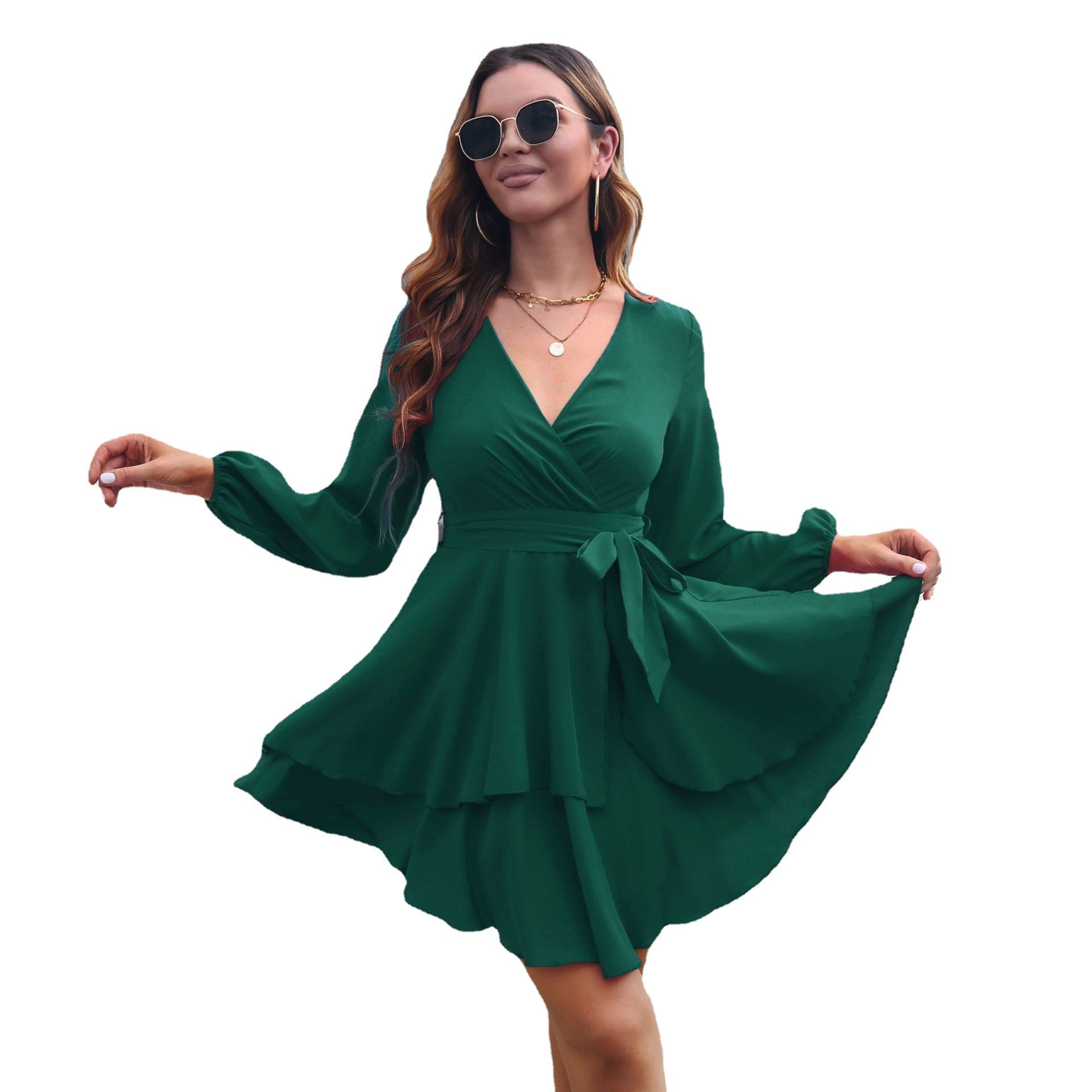 Green Solid Wrap Dresses
