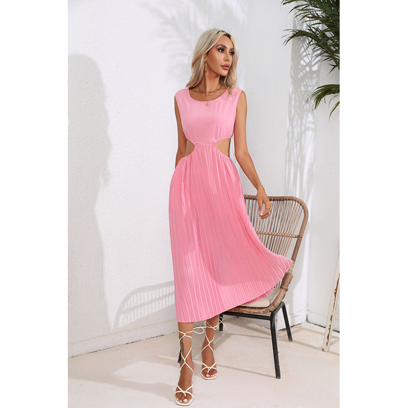 Pink Cut-Out Accordion Pleats Fit & Flare Midi Dress