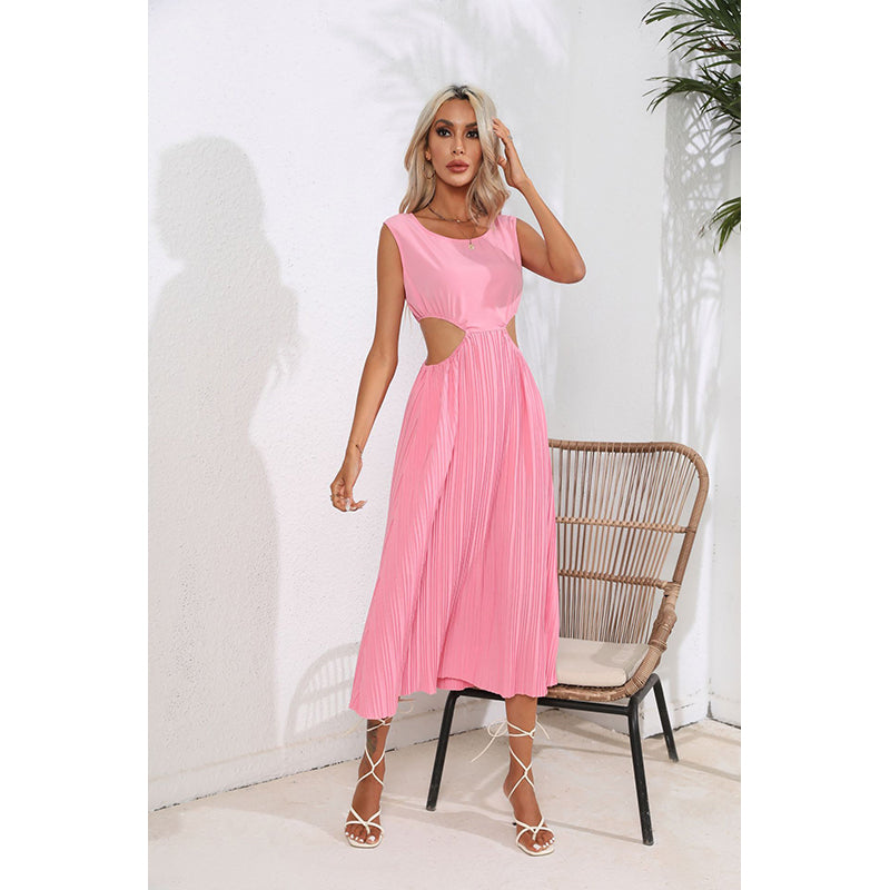 Pink Cut-Out Accordion Pleats Fit & Flare Midi Dress