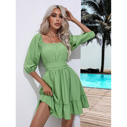 Green Square Neck Fit & Flare Dress