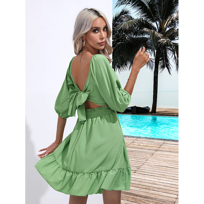 Green Square Neck Fit & Flare Dress