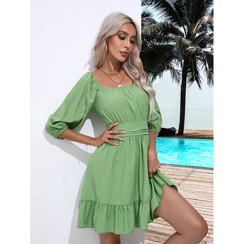 Green Square Neck Fit & Flare Dress