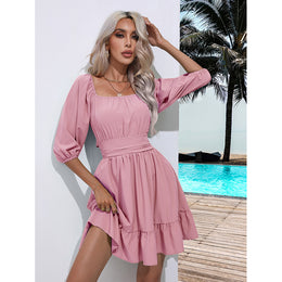 Pink Square Neck Puff Sleeve Fit & Flare Dress