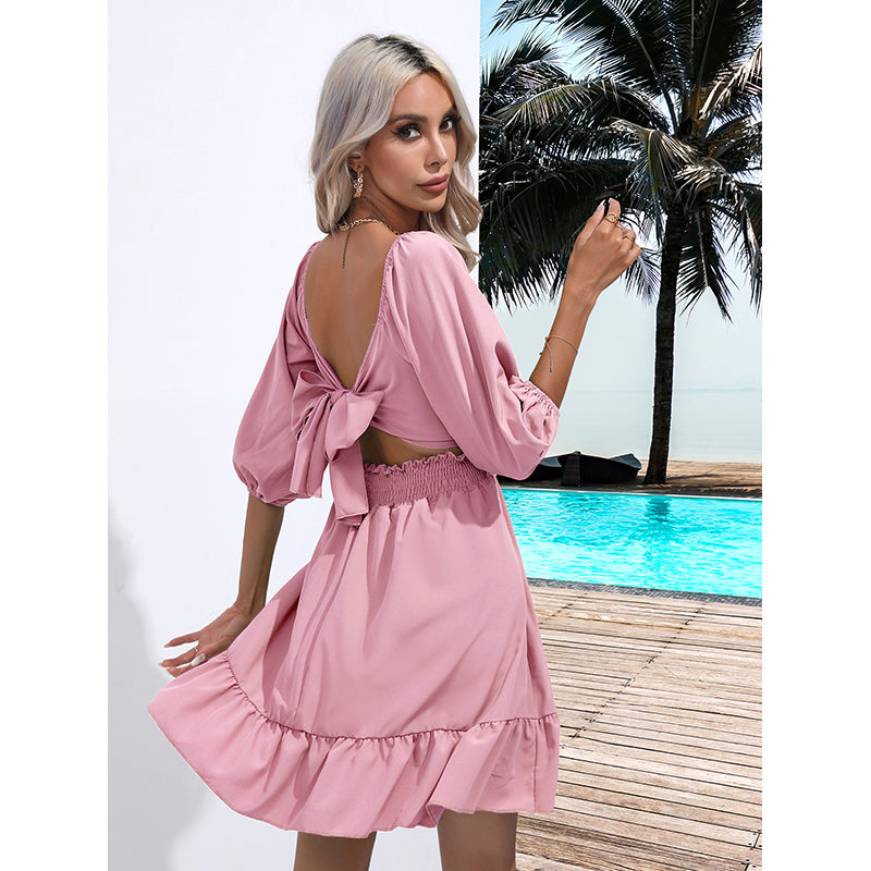Pink Square Neck Puff Sleeve Fit & Flare Dress