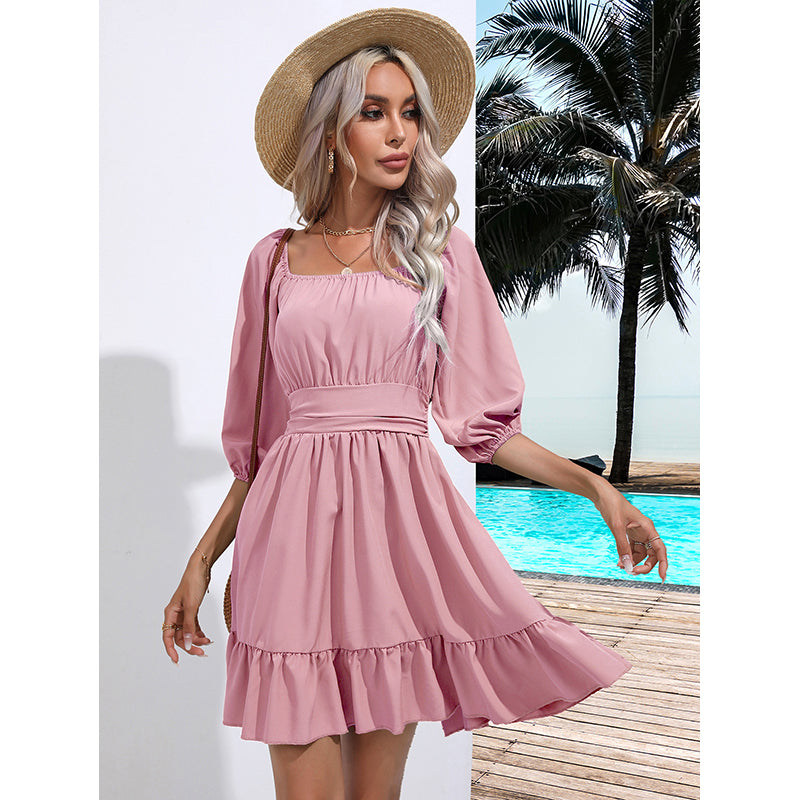 Pink Square Neck Puff Sleeve Fit & Flare Dress