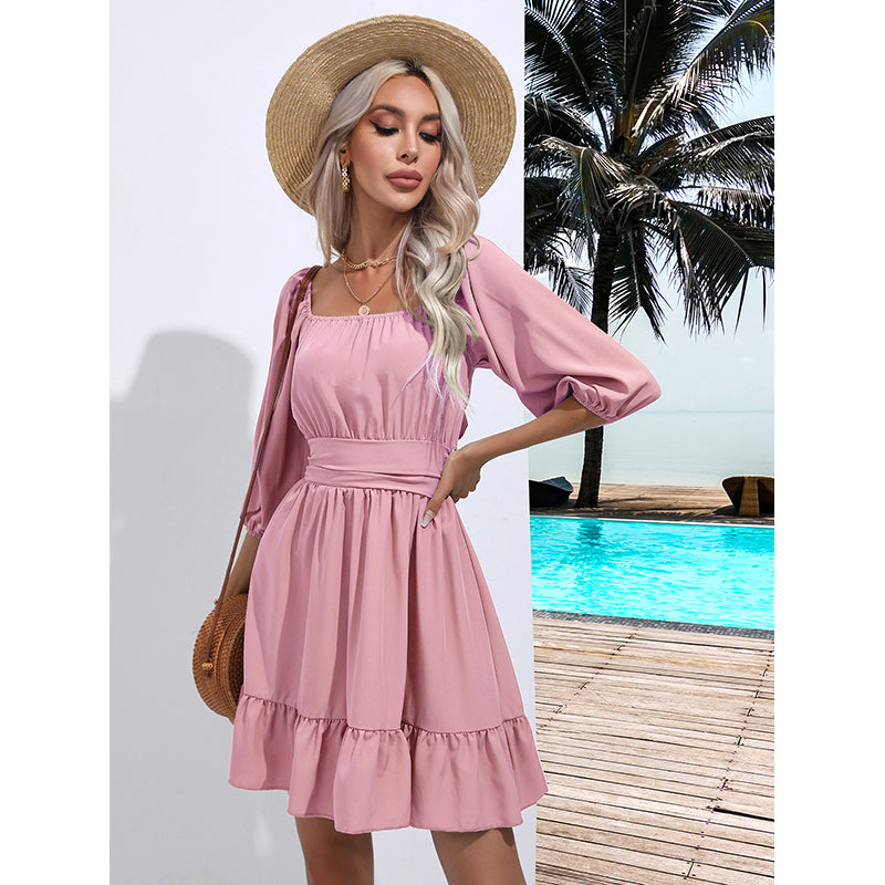 Pink Square Neck Puff Sleeve Fit & Flare Dress