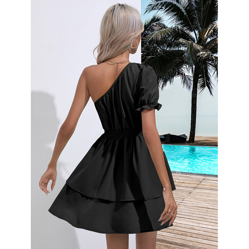 Black One Shoulder Smocked Fit & Flare Mini Dress