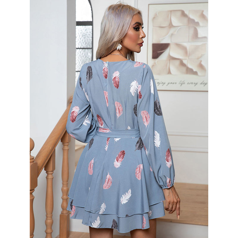 Blue Abstract Printed V-Neck Puff Sleeves A-Line Dress