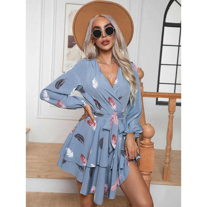 Blue Abstract Printed V-Neck Puff Sleeves A-Line Dress