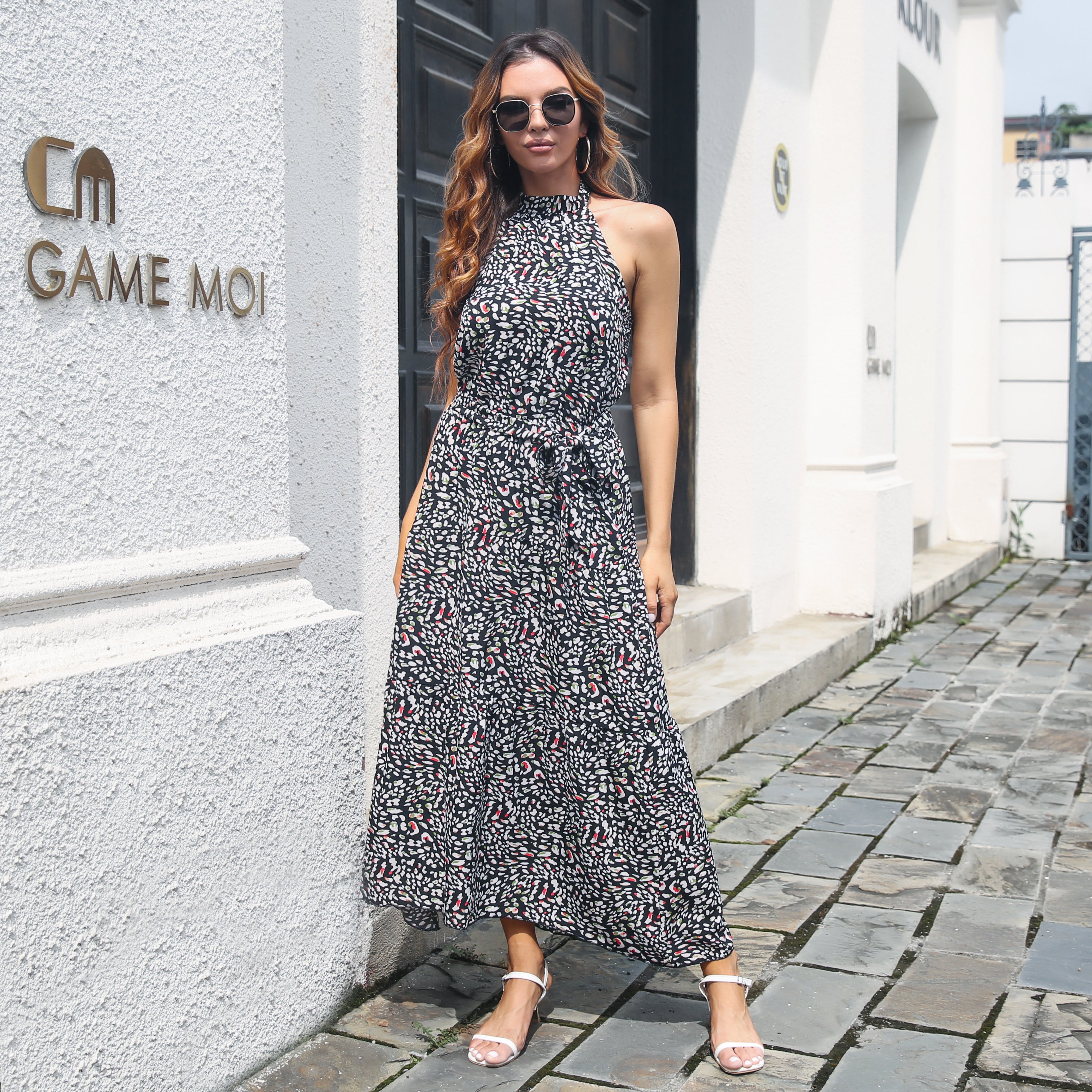 Women Black Geometric Print Halter Neck Maxi Dress