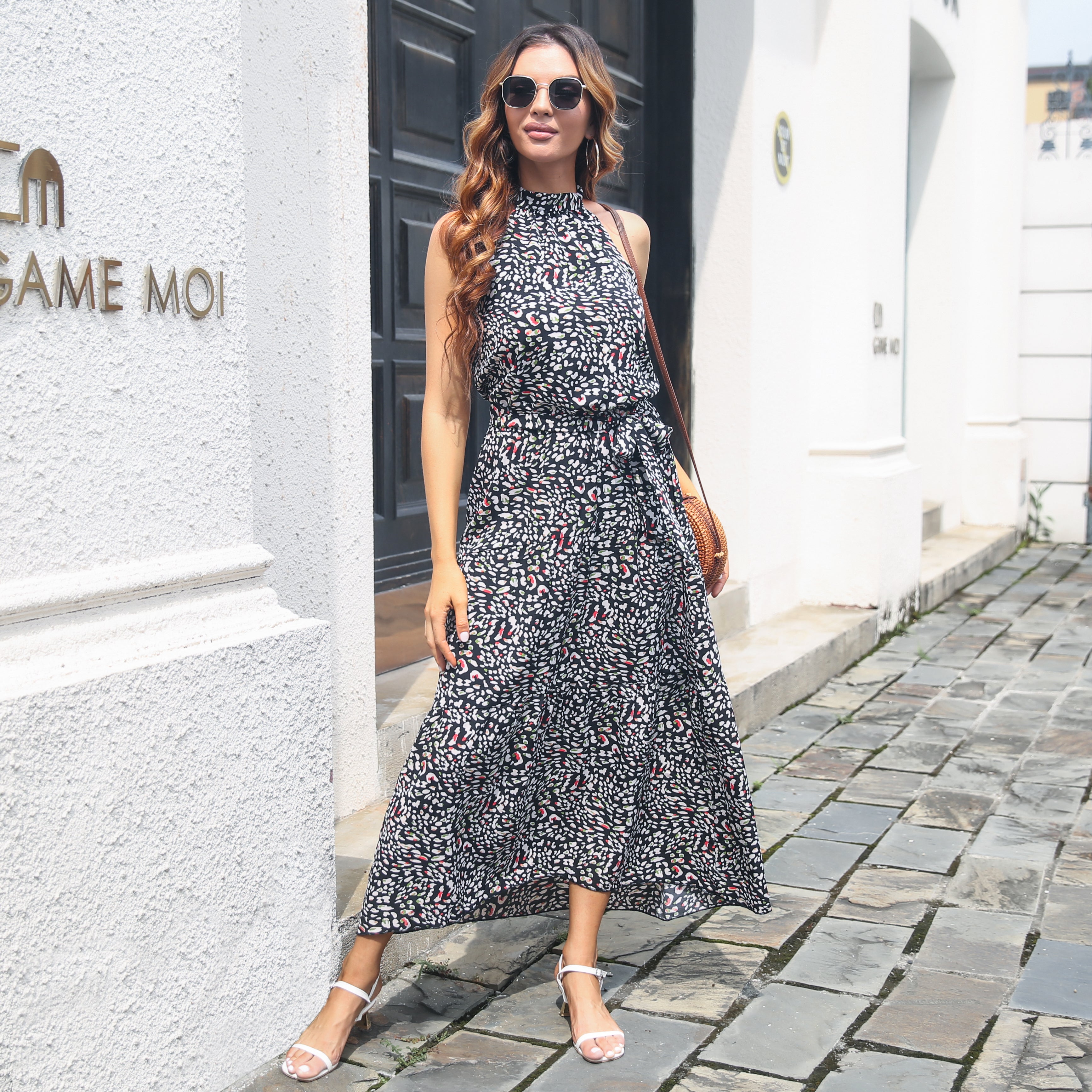 Women Black Geometric Print Halter Neck Maxi Dress