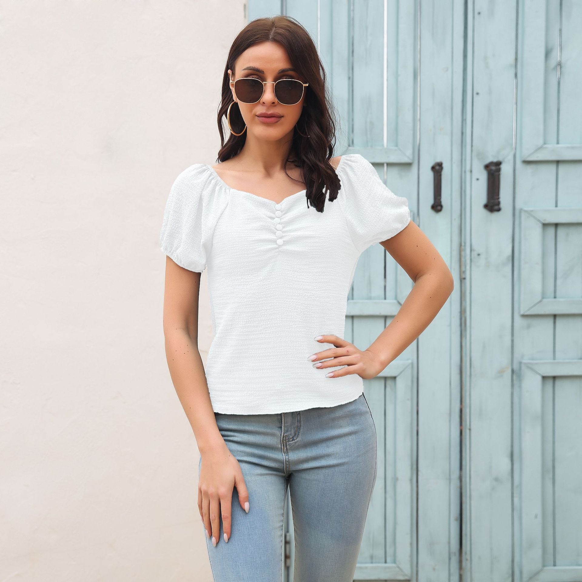 Sweetheart Neck Puff Sleeve Ruched Top