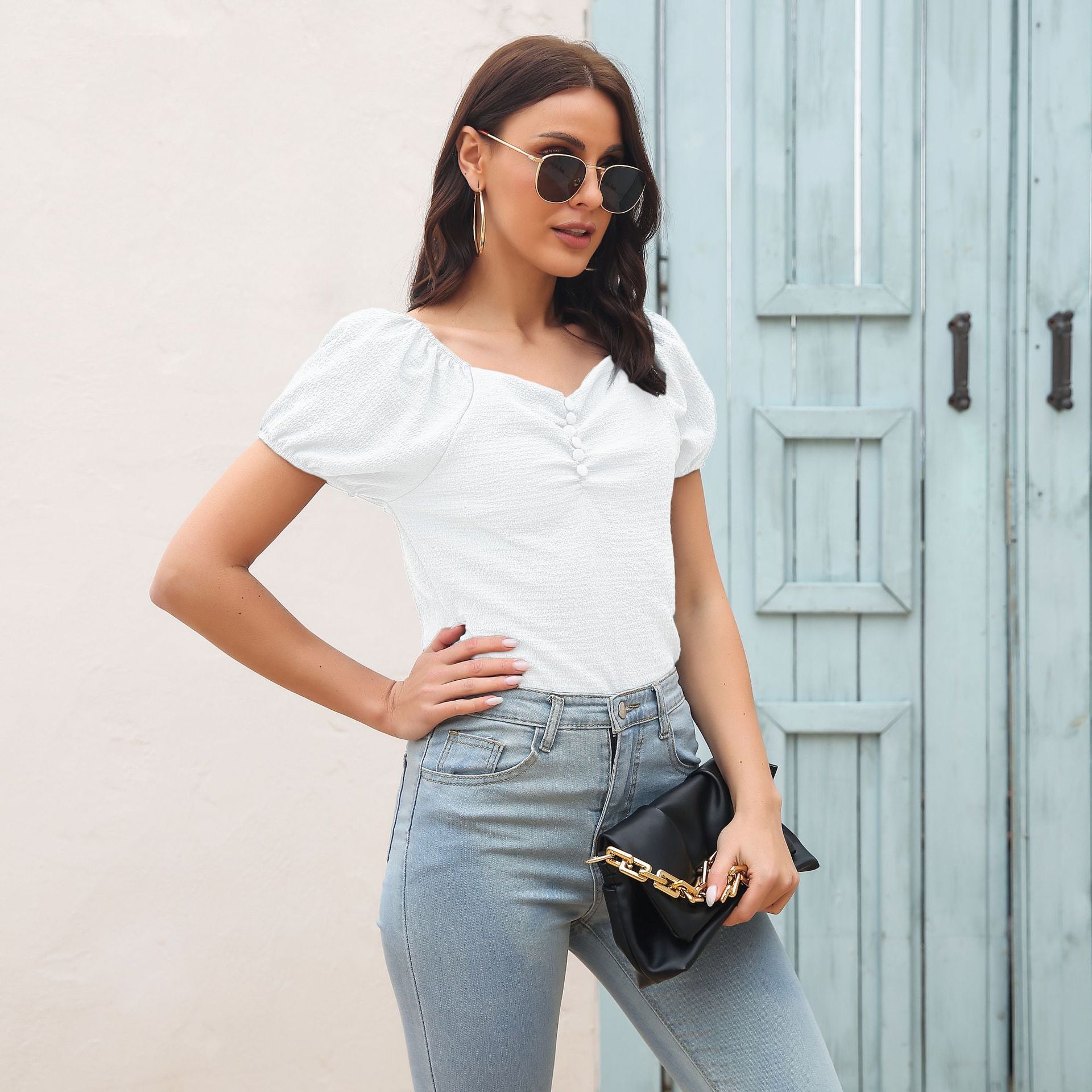 Sweetheart Neck Puff Sleeve Ruched Top