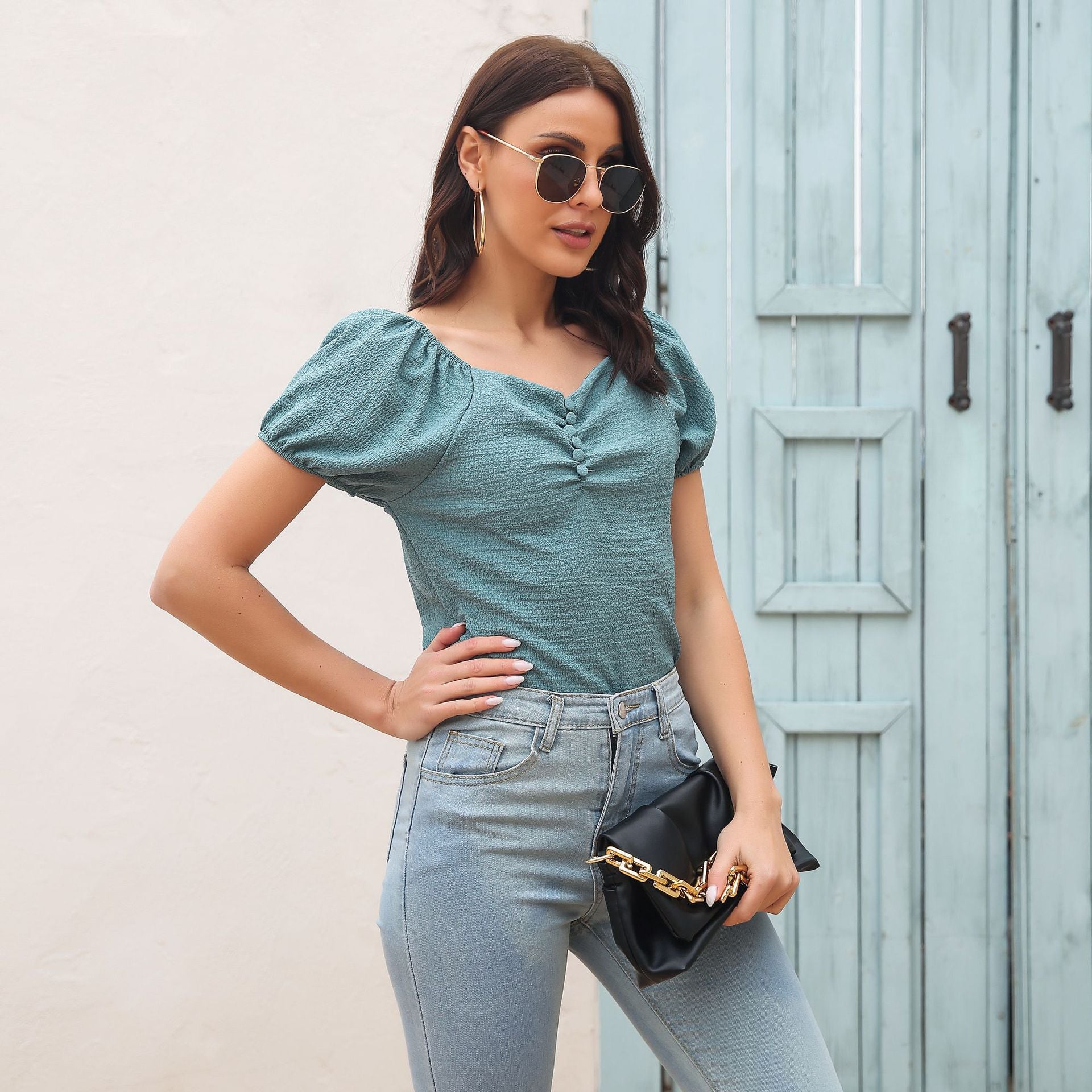 Blue Sweetheart Neck Puff Sleeve Top
