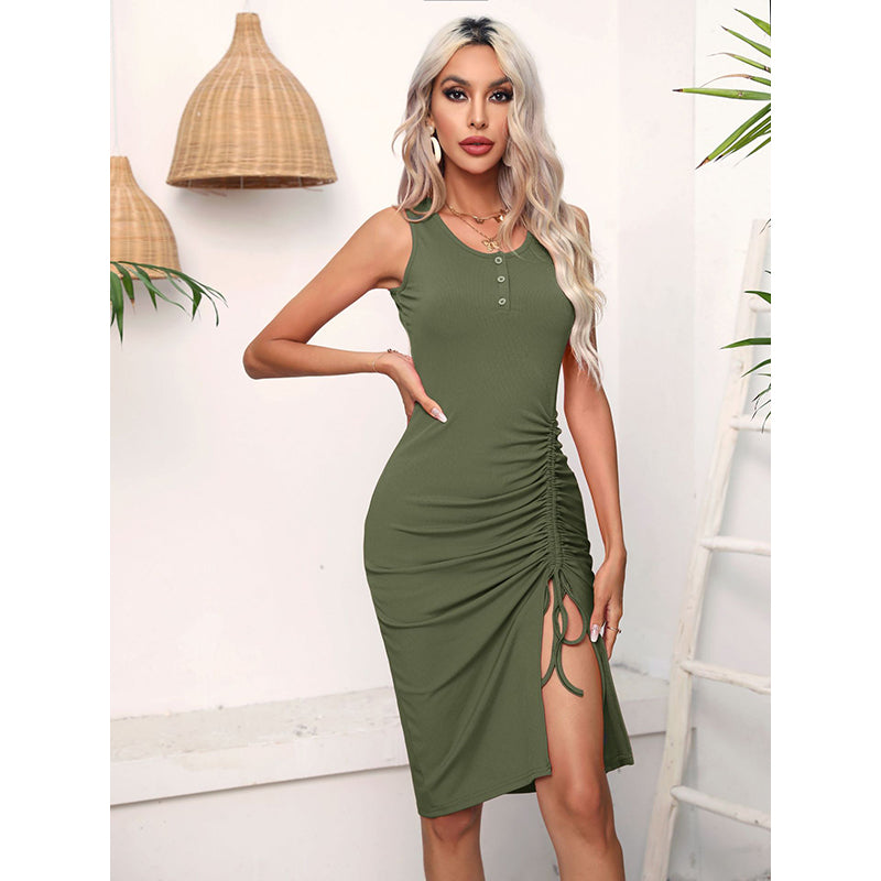 Green Solid Ruched Bodycon Dress