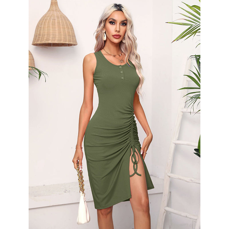 Green Solid Ruched Bodycon Dress