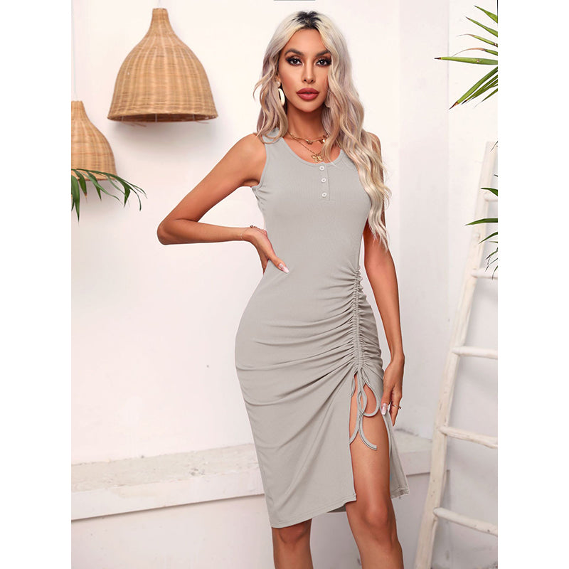 Grey Round Neck Ruched Sheath Dress