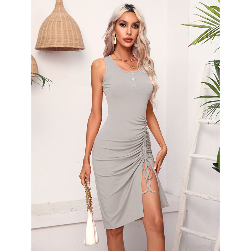 Grey Round Neck Ruched Sheath Dress