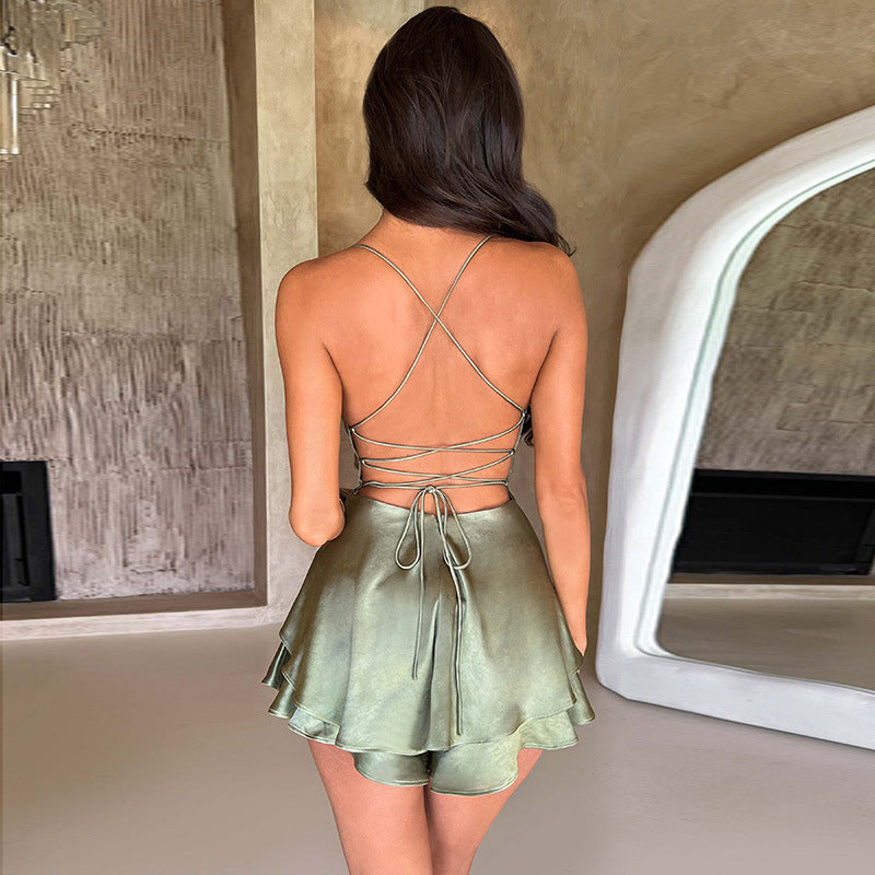 Green Shoulder Straps Layered Mini Bodycon Dress
