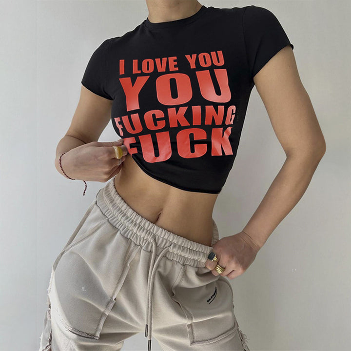 Black & Red Typography Printed Fitted Crop Top