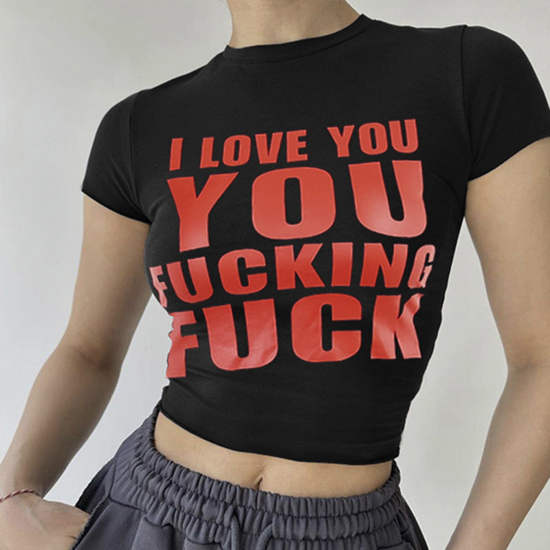 Black & Red Typography Printed Fitted Crop Top