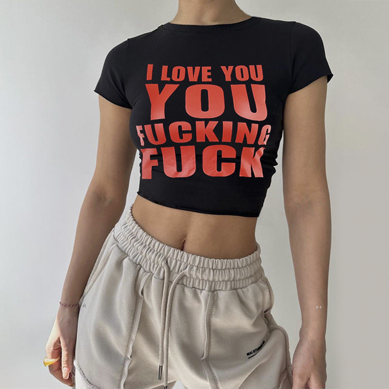Black & Red Typography Printed Fitted Crop Top