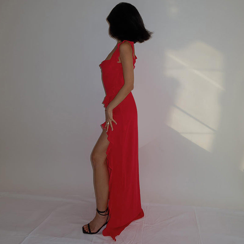 Shoulder Straps Sleeveless Ruffled Maxi Dress