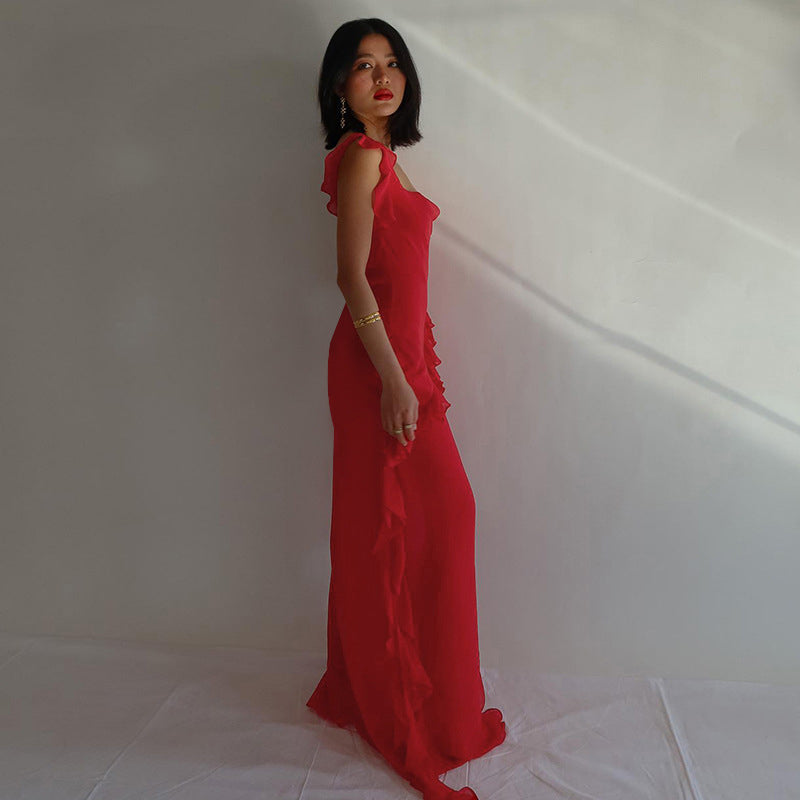 Shoulder Straps Sleeveless Ruffled Maxi Dress