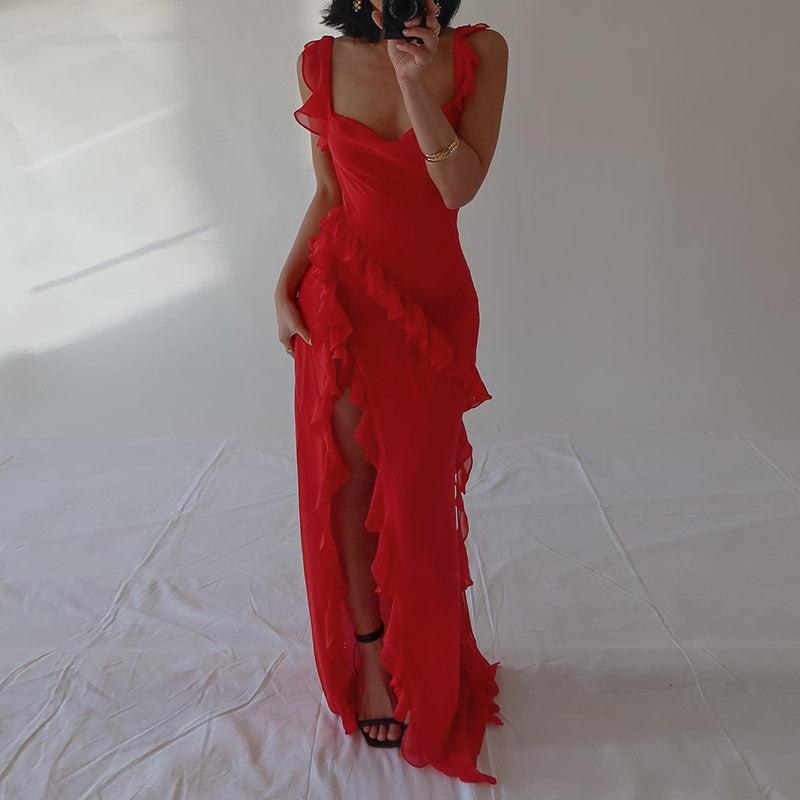 Shoulder Straps Sleeveless Ruffled Maxi Dress