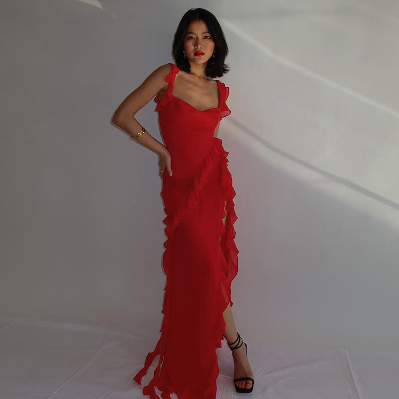 Shoulder Straps Sleeveless Ruffled Maxi Dress